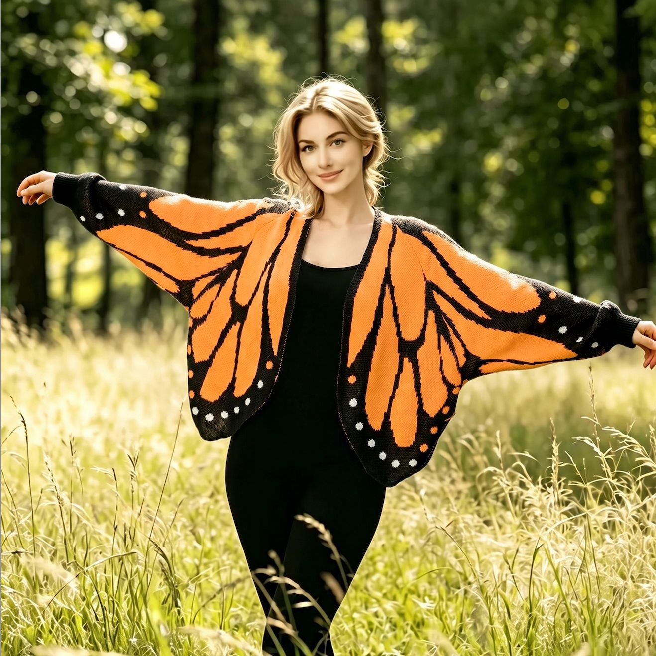 Women's Knit Cardigan Butterfly Cape Colorblock Crochet Batwing Sleeve