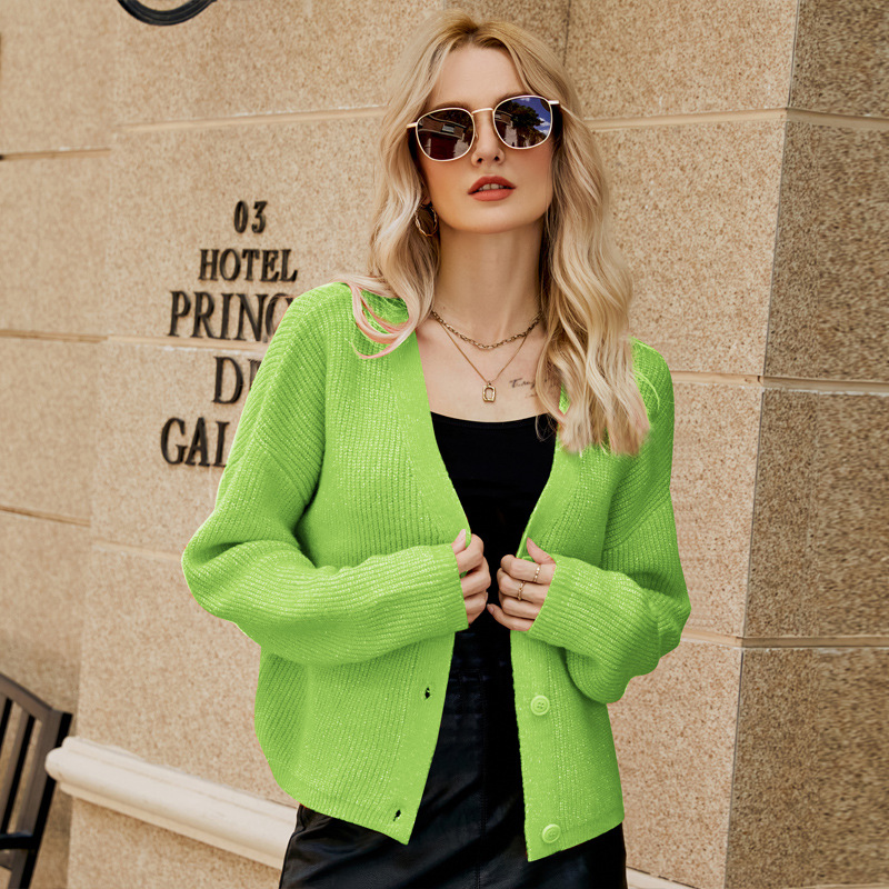 V-Neck Loose Knit Cardigan Sweater for Women Solid Color Long Sleeve