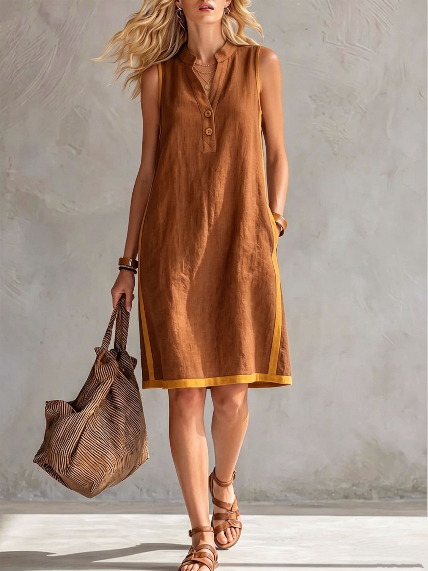 V-Neck Button-Down Sleeveless Midi Dress with Contrast Trim and Pockets