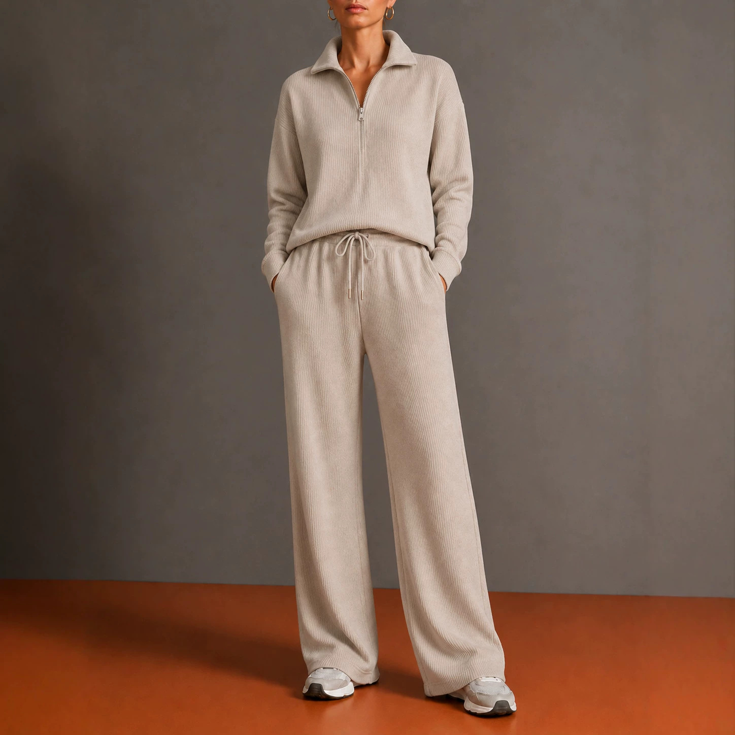 2026 New Amazon Autumn/Winter Women's Tracksuit Half-Turtleneck Zip Hoodie Wide-Leg Pants Set