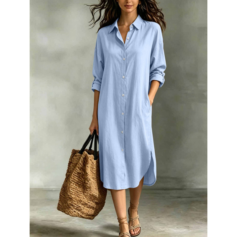 Women's Loose Cotton-Linen Shirt Dress with Pockets