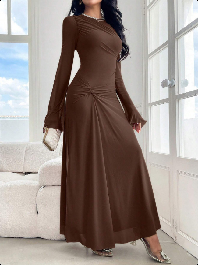 Flare Sleeve Bodycon Midi Dress with Crinkle Texture