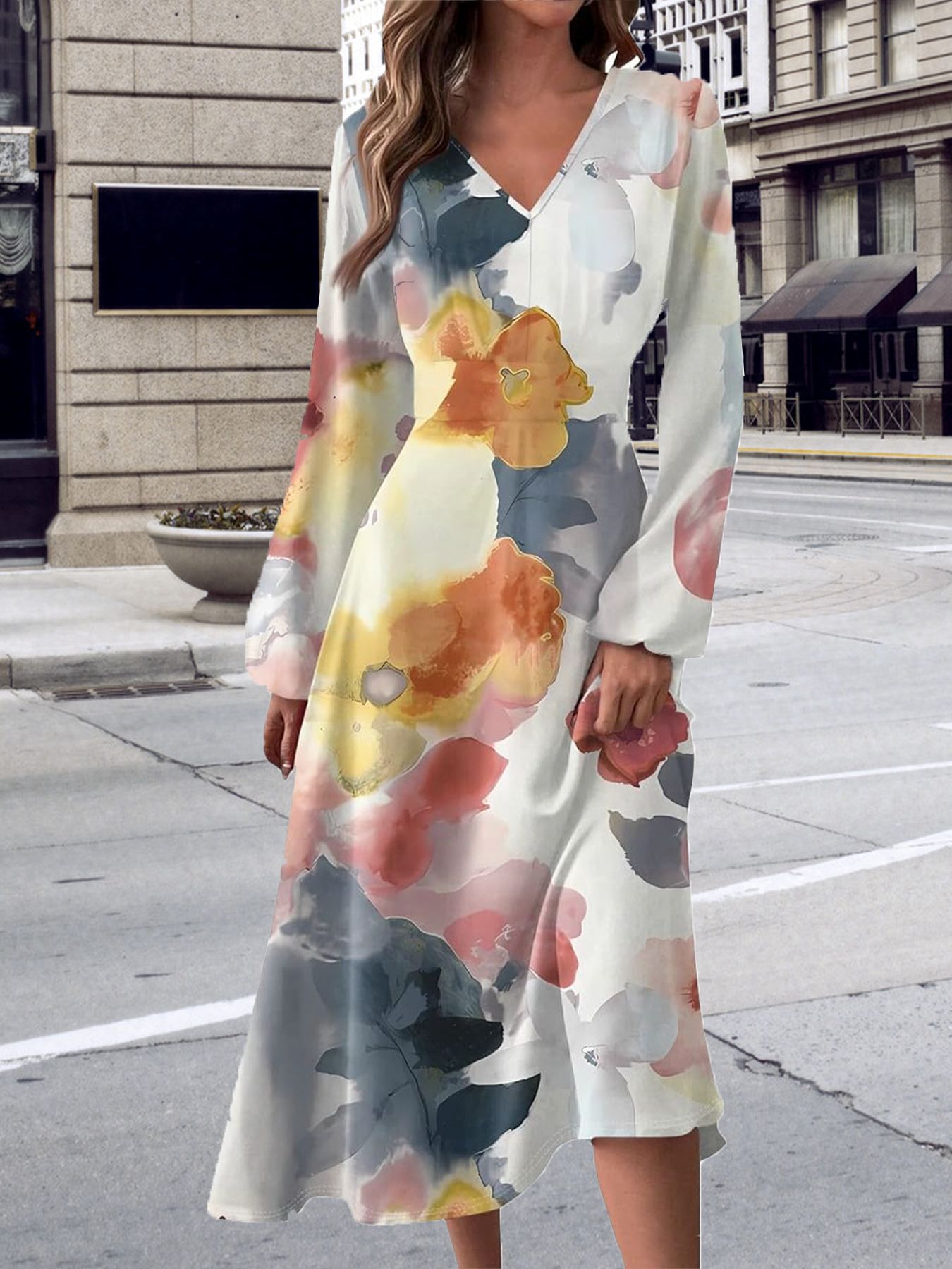 V-Neck Floral Print Long Sleeve High Waist Maxi Dress
