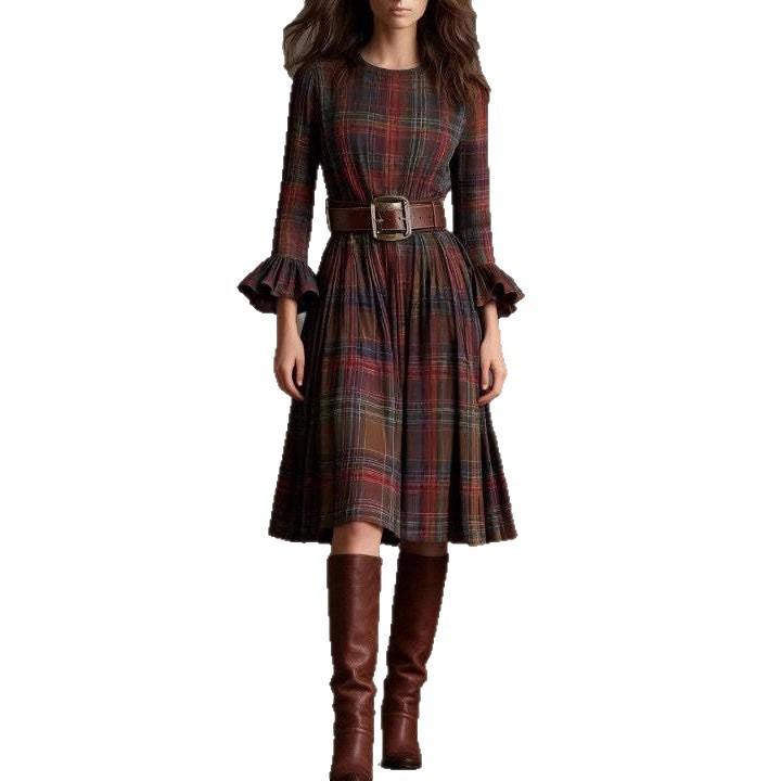 French Vintage Plaid Flare-Sleeve Midi Dress