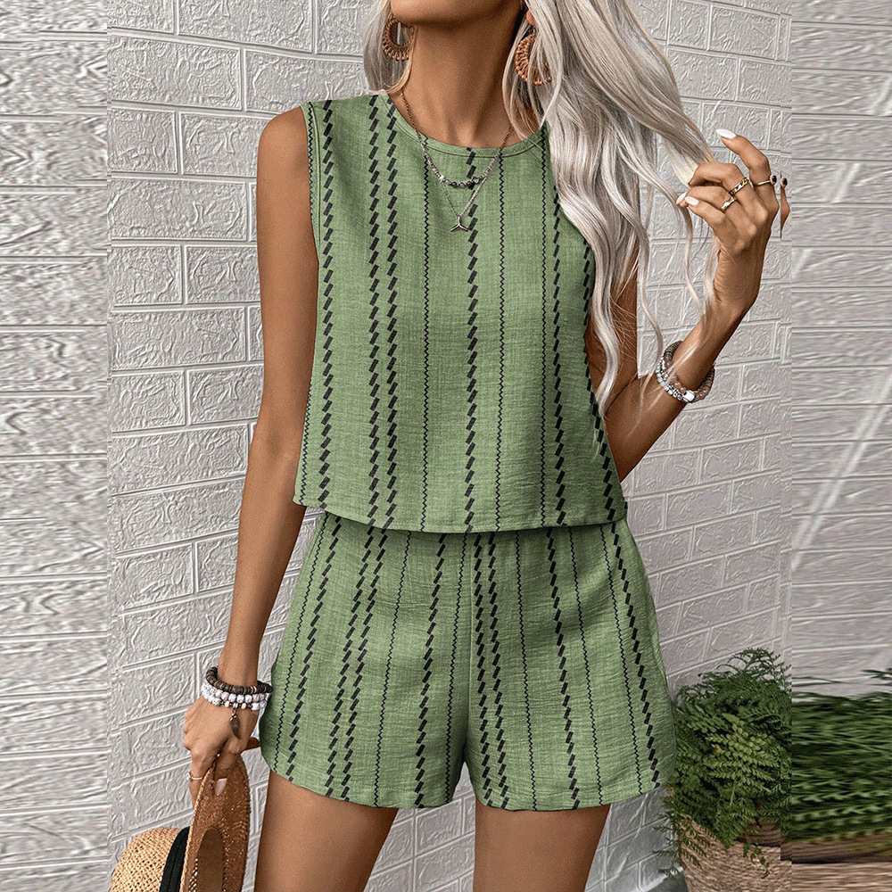 Striped Print Sleeveless Tank Top and Shorts Two-Piece Set