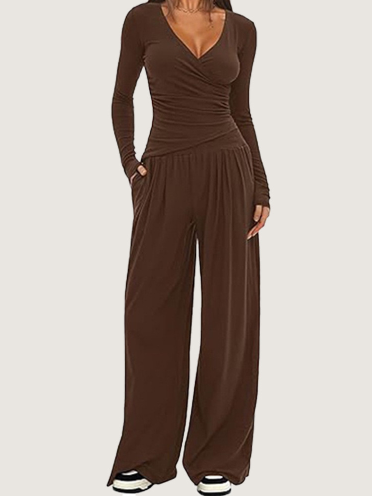Women's Wide-Leg Pants Set Long Sleeve Solid Color Two-Piece Outfit