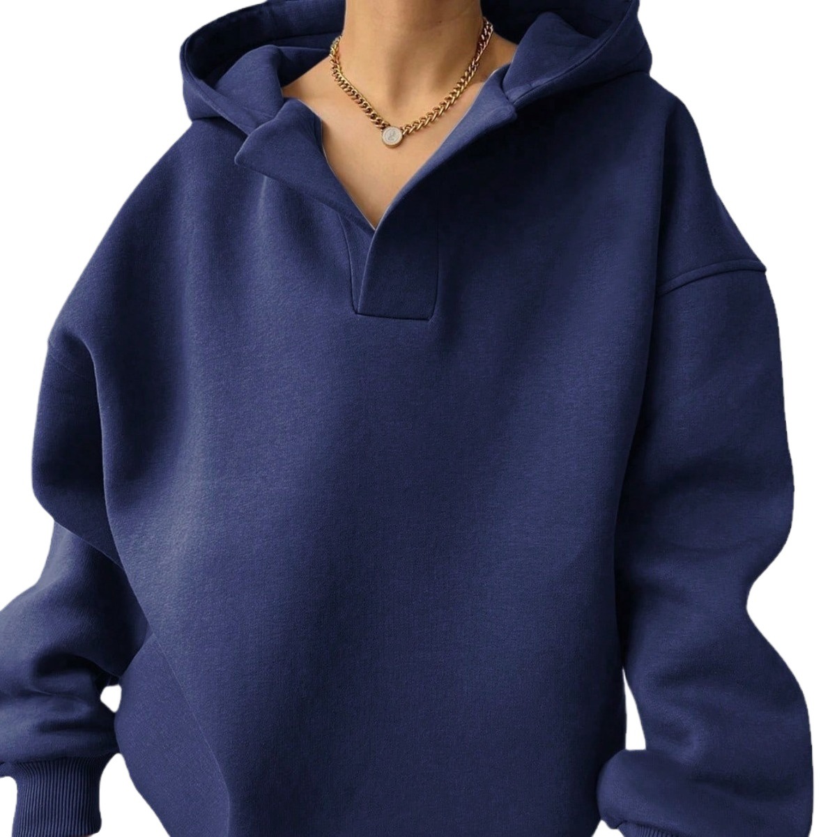Fleece-Lined Hooded Sweatshirt with Ribbed Cuffs and Solid Color Design