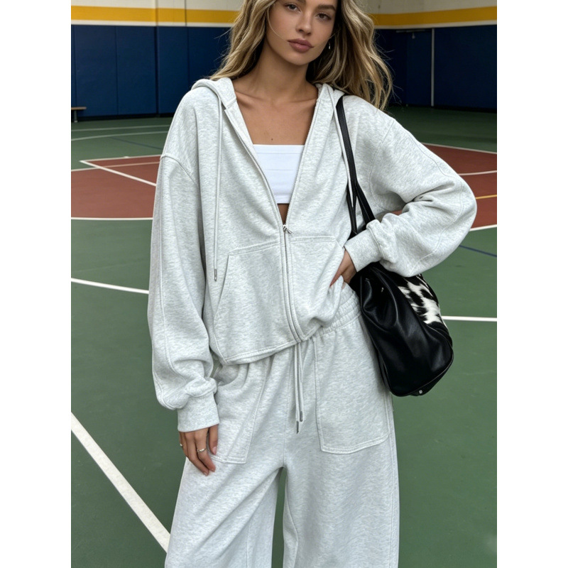 Solid Color Zip-Up Hoodie and Wide-Leg Drawstring Pants Two-Piece Set