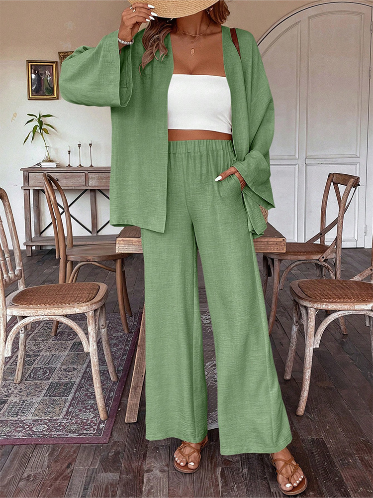Women's Cotton-Linen Cardigan & Wide-Leg Pants Two-Piece Set