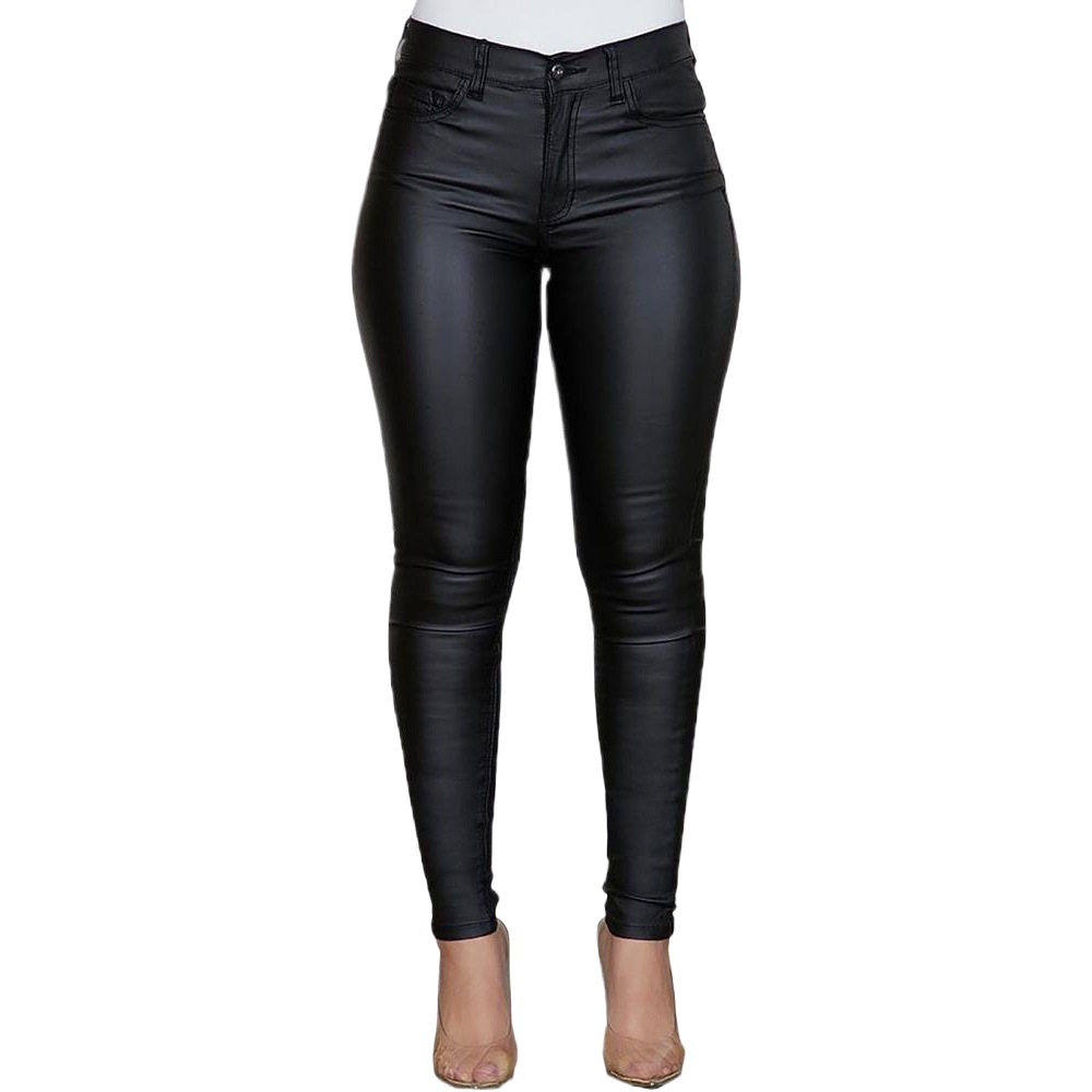 Women's Solid Color PU Leather Skinny Pants Slim Fit Mid-Rise Long Trousers