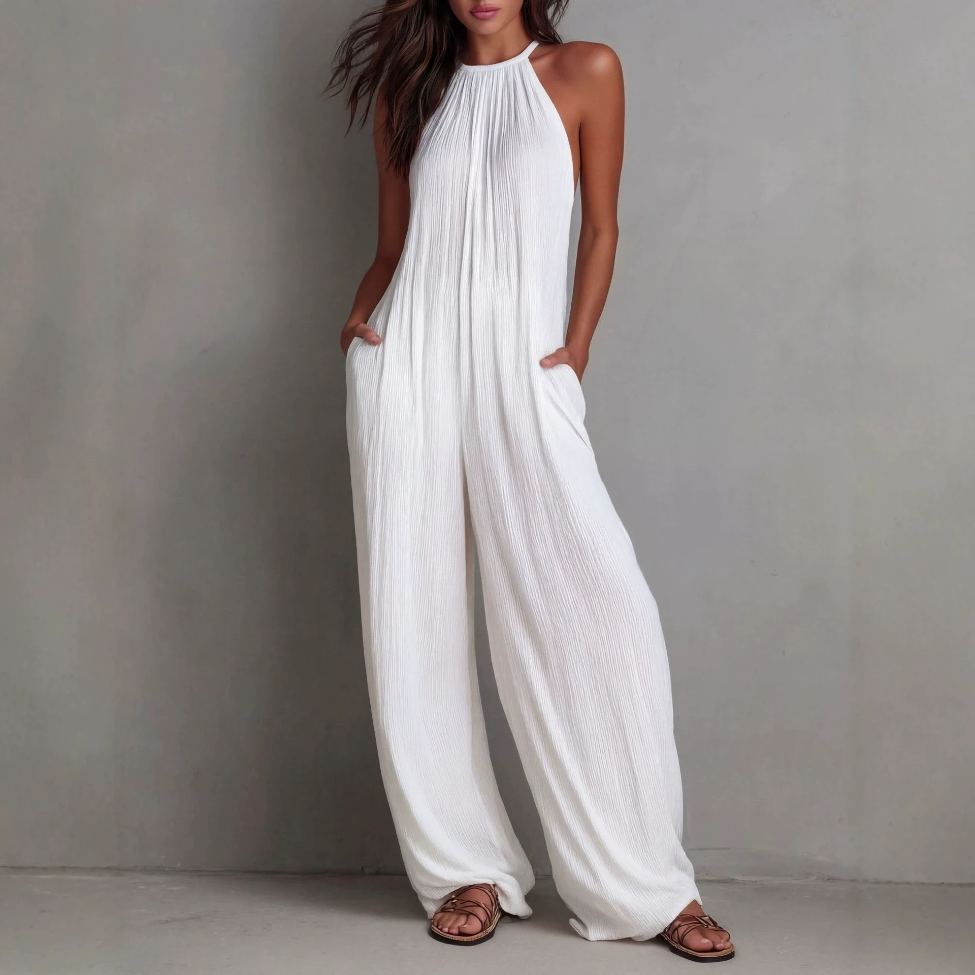 White Ruched Open-Back Wide-Leg Jumpsuit
