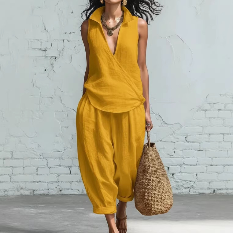 Women's Simple Lapel Shirt and Wide-Leg Pants Linen Two-Piece Set
