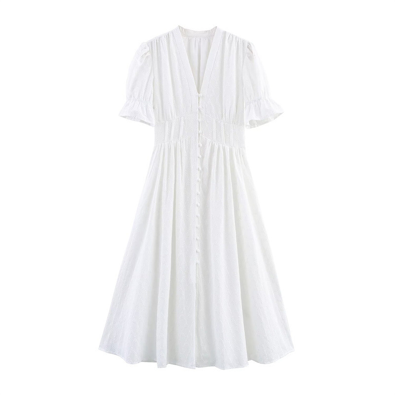 Women's Hollow Embroidered V-Neck French Waist-Cinching Dress