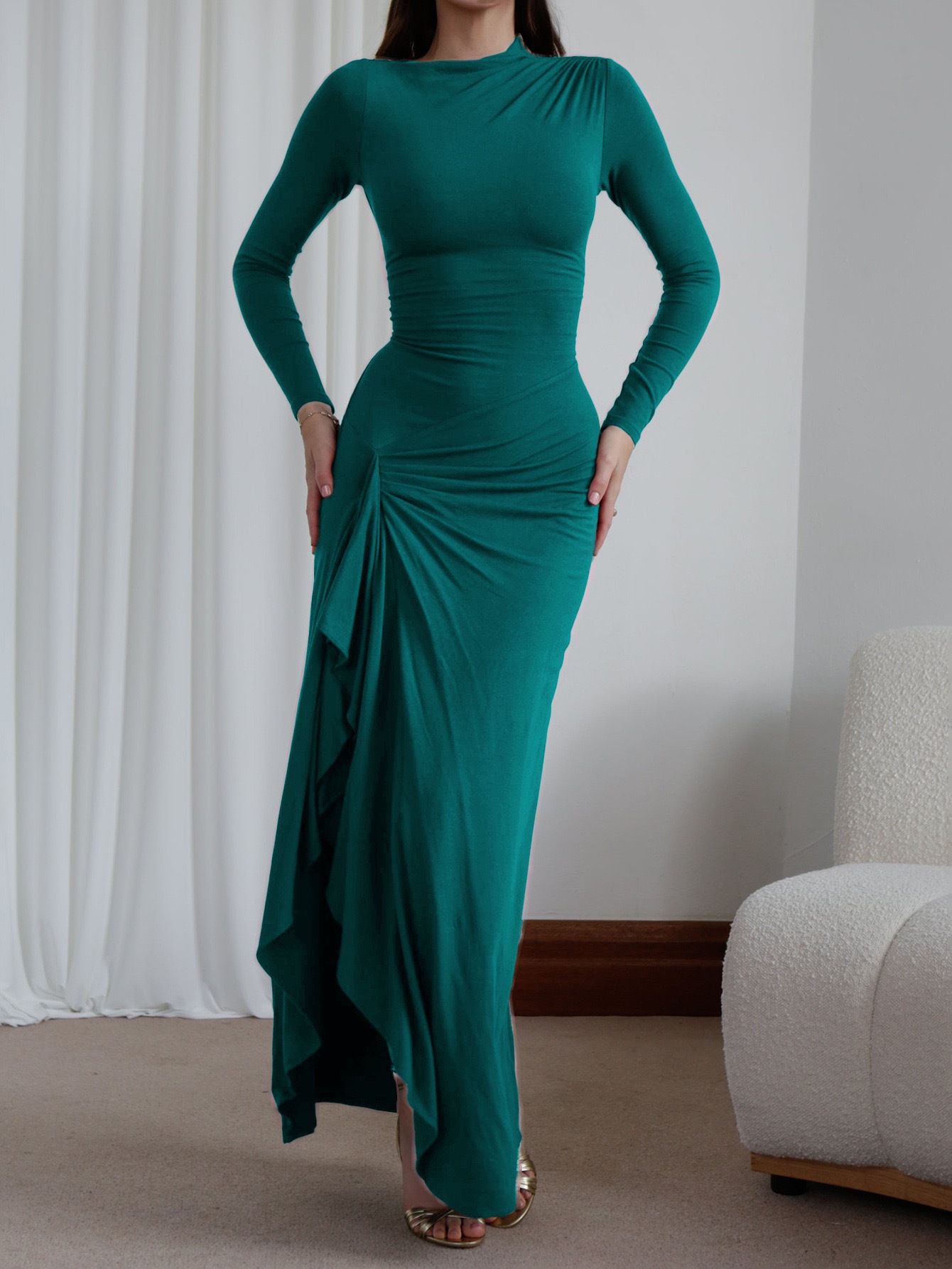 Solid Crew Neck Slit Bodycon Long Dress