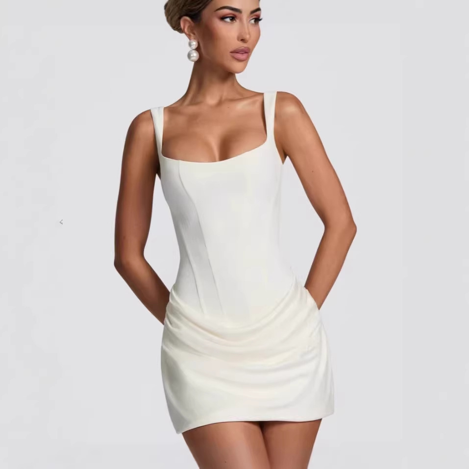Women's Sleeveless Square Neck Bodycon Mini Dress with Waist Tie