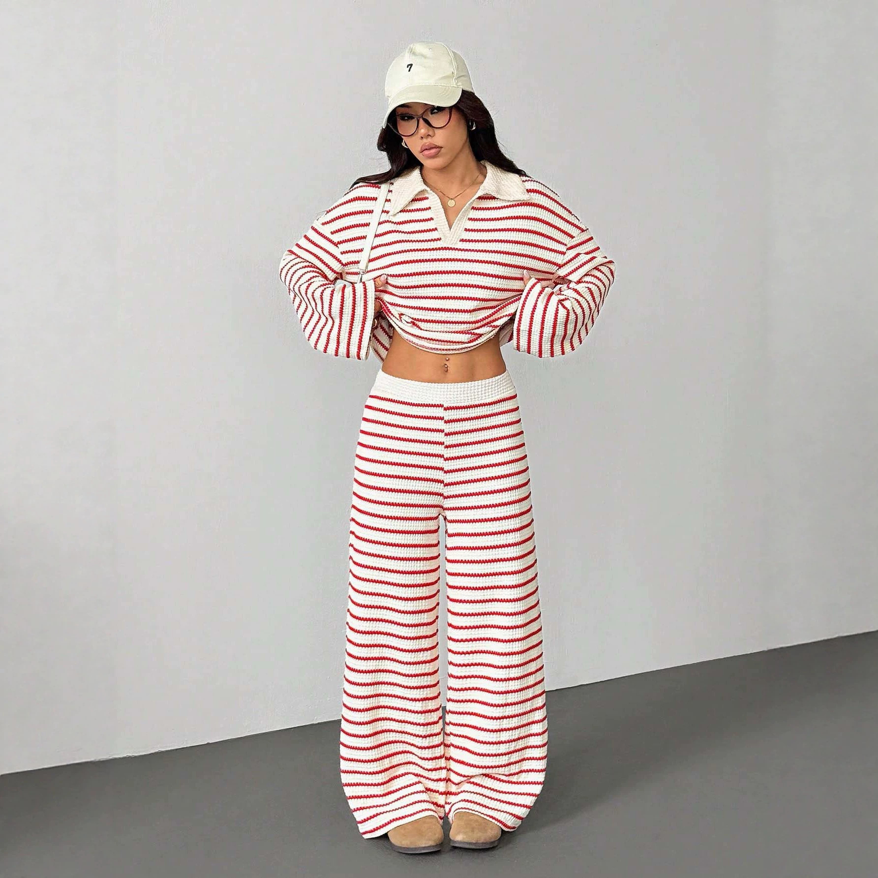 Striped Knit Color-Block Collared V-Neck Long-Sleeve Top & Pants Set