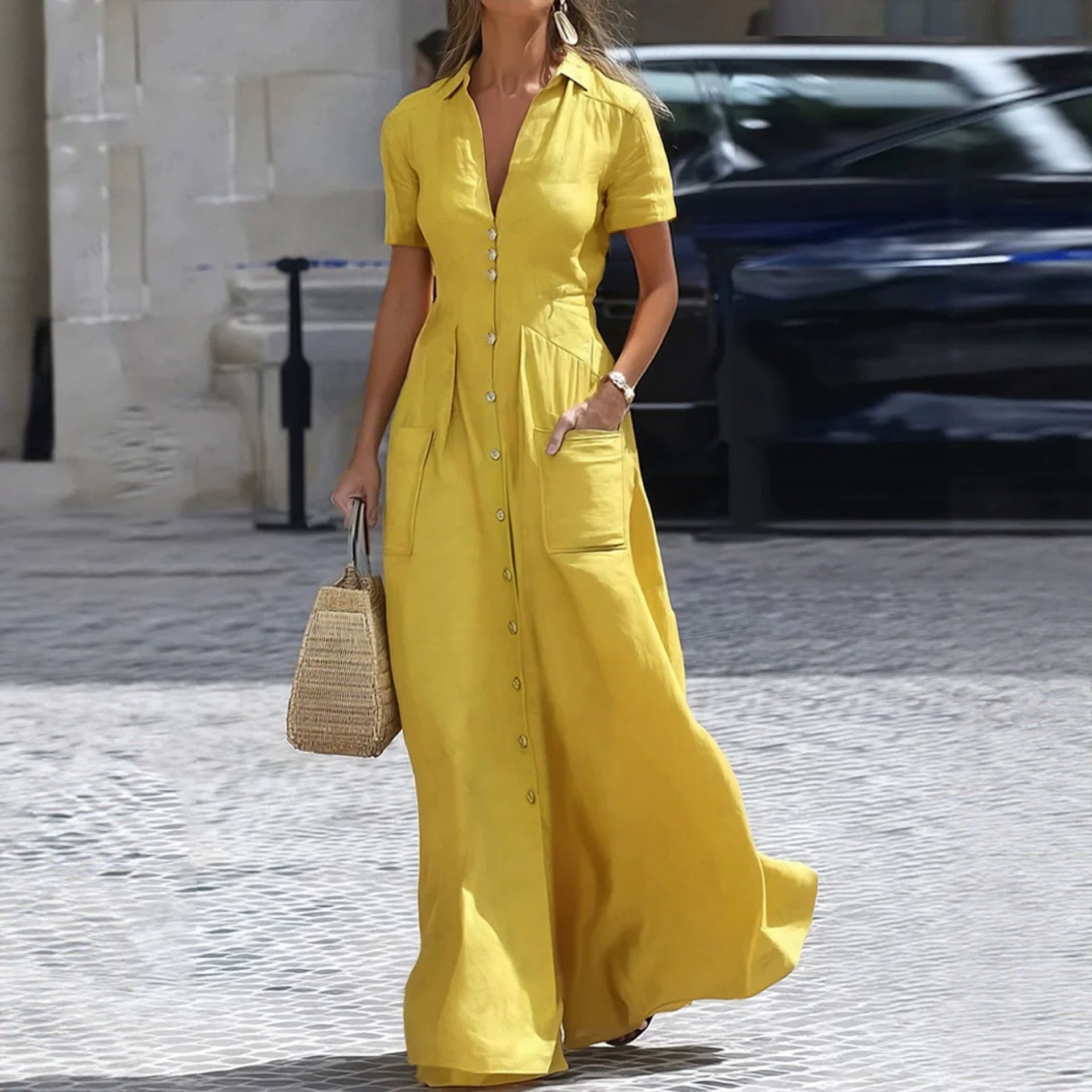 Elegant Collared Button-Front Long Shirt Dress