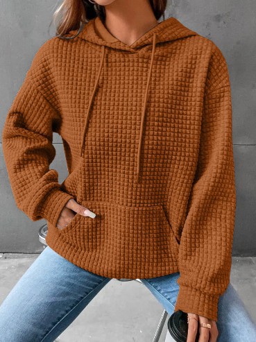 Women's Oversized Pullover Hoodie with Drawstring, Drop Shoulder, Kangaroo Pocket, Waffle Knit