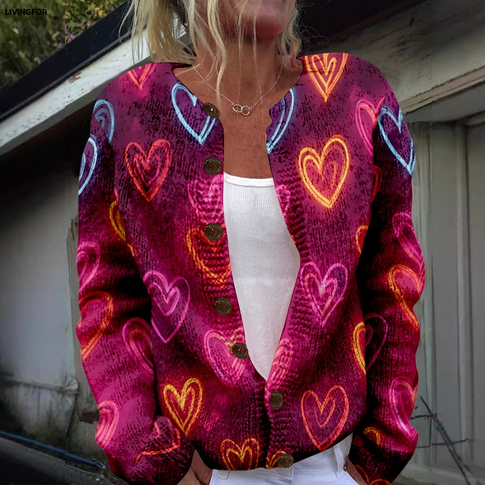 Women's Heart & Flower Print Button Cardigan Sweater
