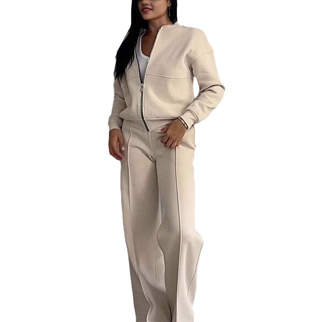 Women's Casual Zip Jacket & Wide-Leg Pants Two-Piece Set