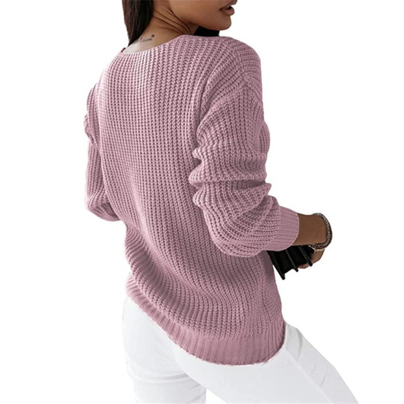 Women's V-Neck Cable Knit Pullover Sweater Long Sleeve Solid Color