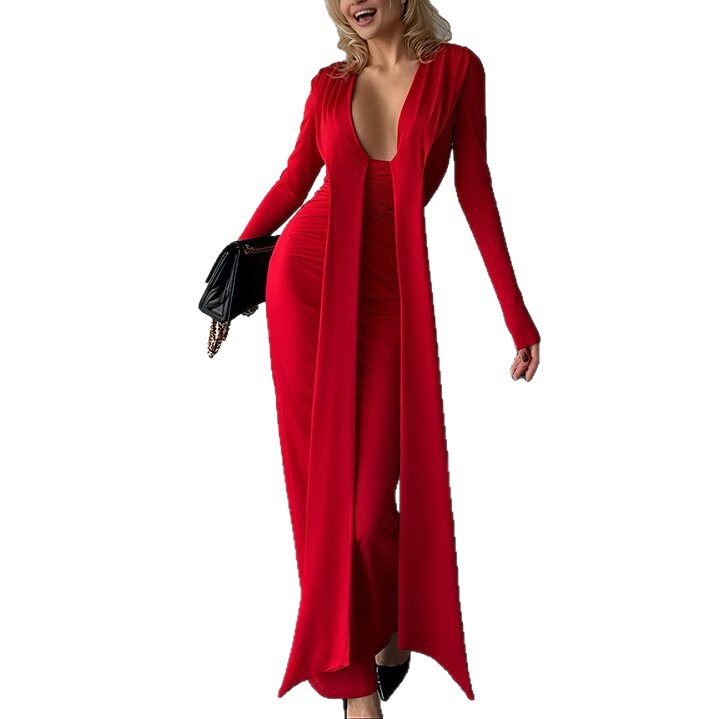 Sexy Deep V-Neck Long Sleeve Ribbon Bodycon Solid Dress