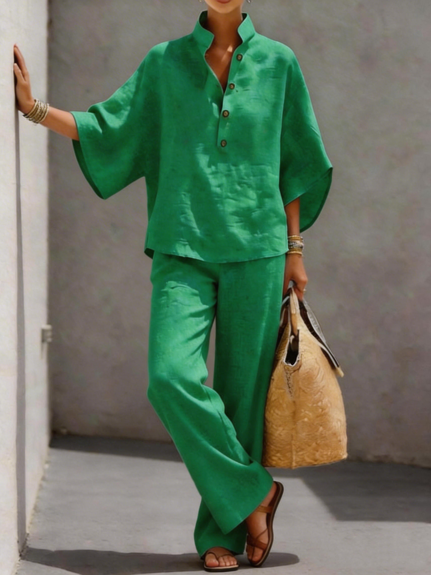 Women's Cotton-Blend Shirt and Pants Two-Piece Set