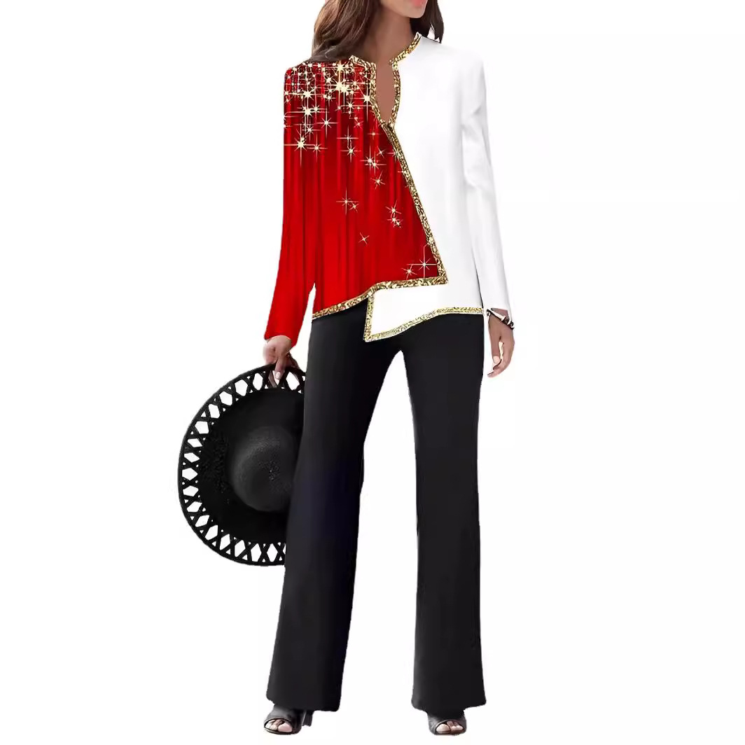 3D Digital Print V-Neck Asymmetric Shirt & Pants Set