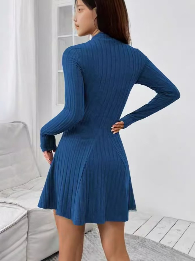 Women's Slim Fit Ribbed Knit A-Line Dress with Half Turtleneck and Waist