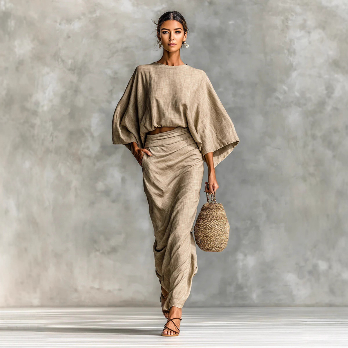 Women's Cotton-Linen Batwing Sleeve Top and Back-Slit Long Skirt Set