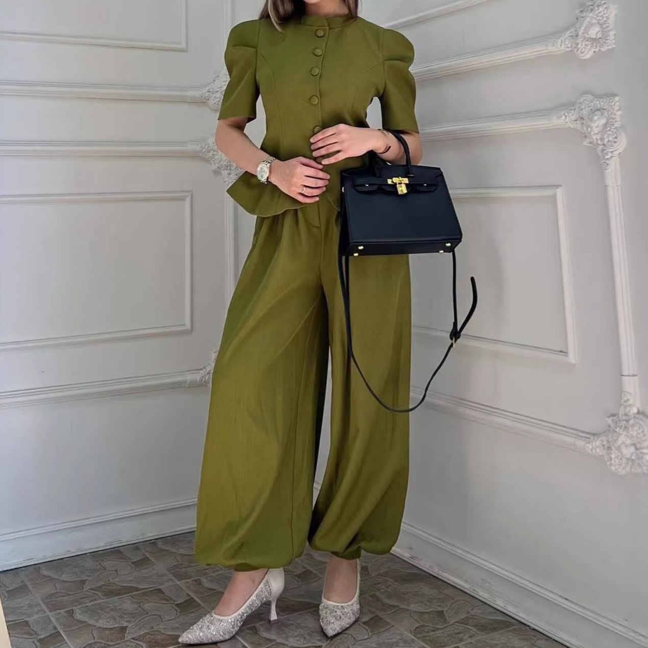 Women's Solid Color Waist-Defining Top and Pants Two-Piece Set