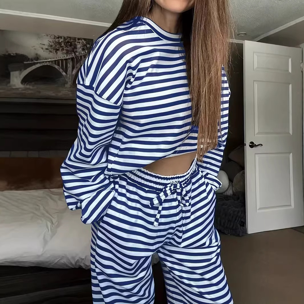 Striped Long-Sleeve Top and High-Waist Pants Casual Set