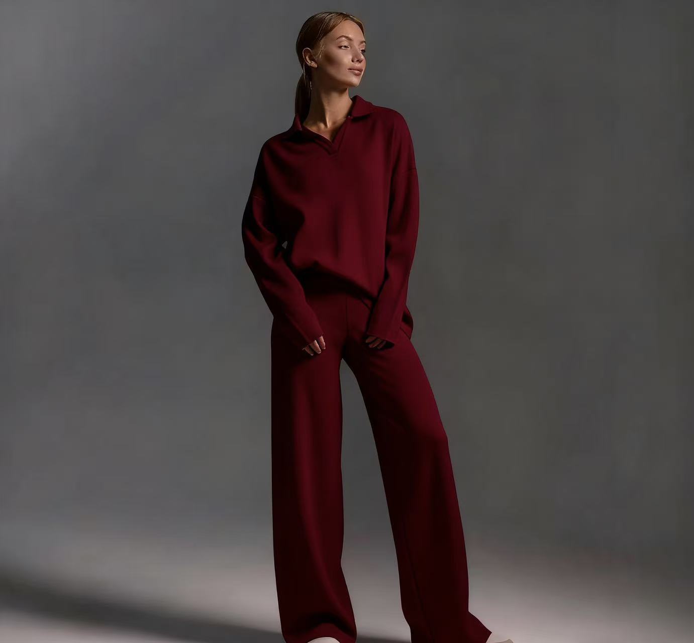 Polo Neck Pullover & Wide Leg Pants Two-Piece Set