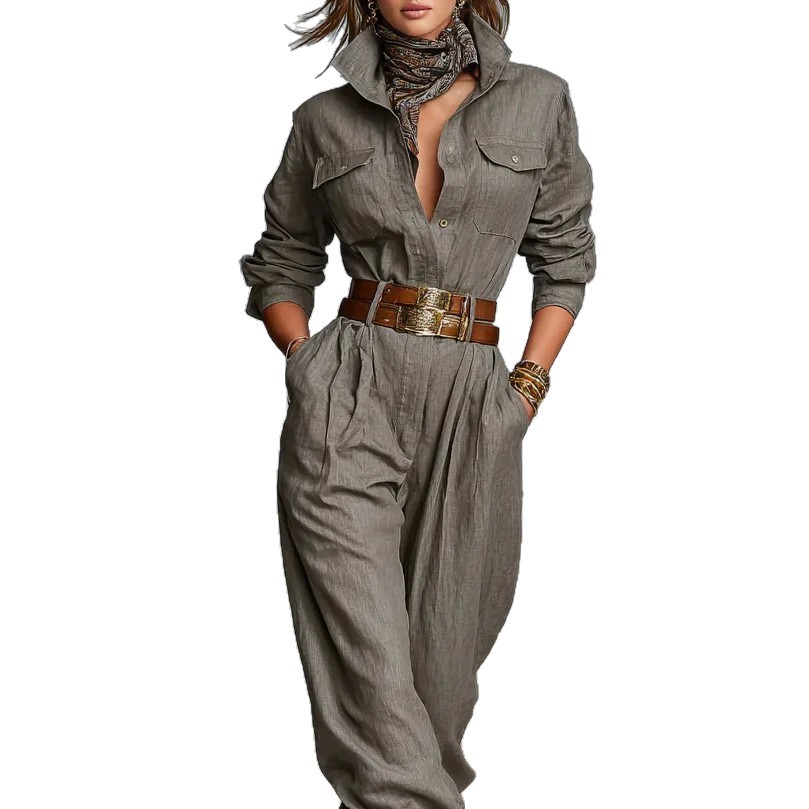 Women's Cotton-Linen Long-Sleeve Button-Detail Pocket Shirt Jumpsuit