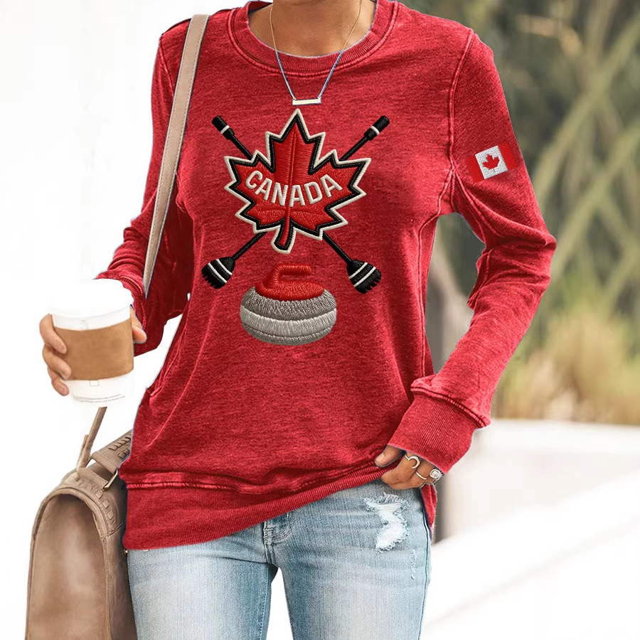 Canada Maple Leaf Curling Print Crewneck Sweatshirt