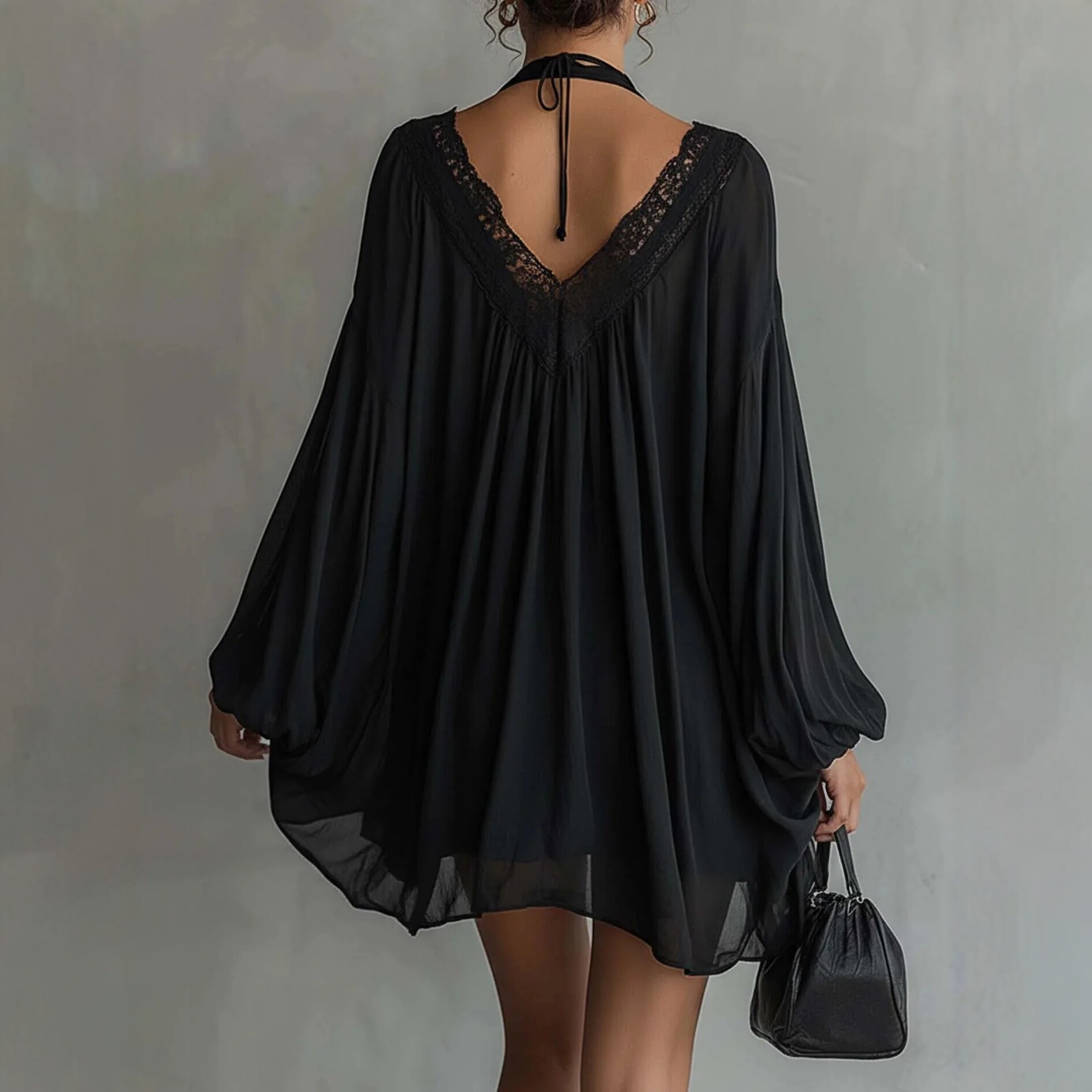 Black Lace Panel V-Neck Halter Nightgown Dress