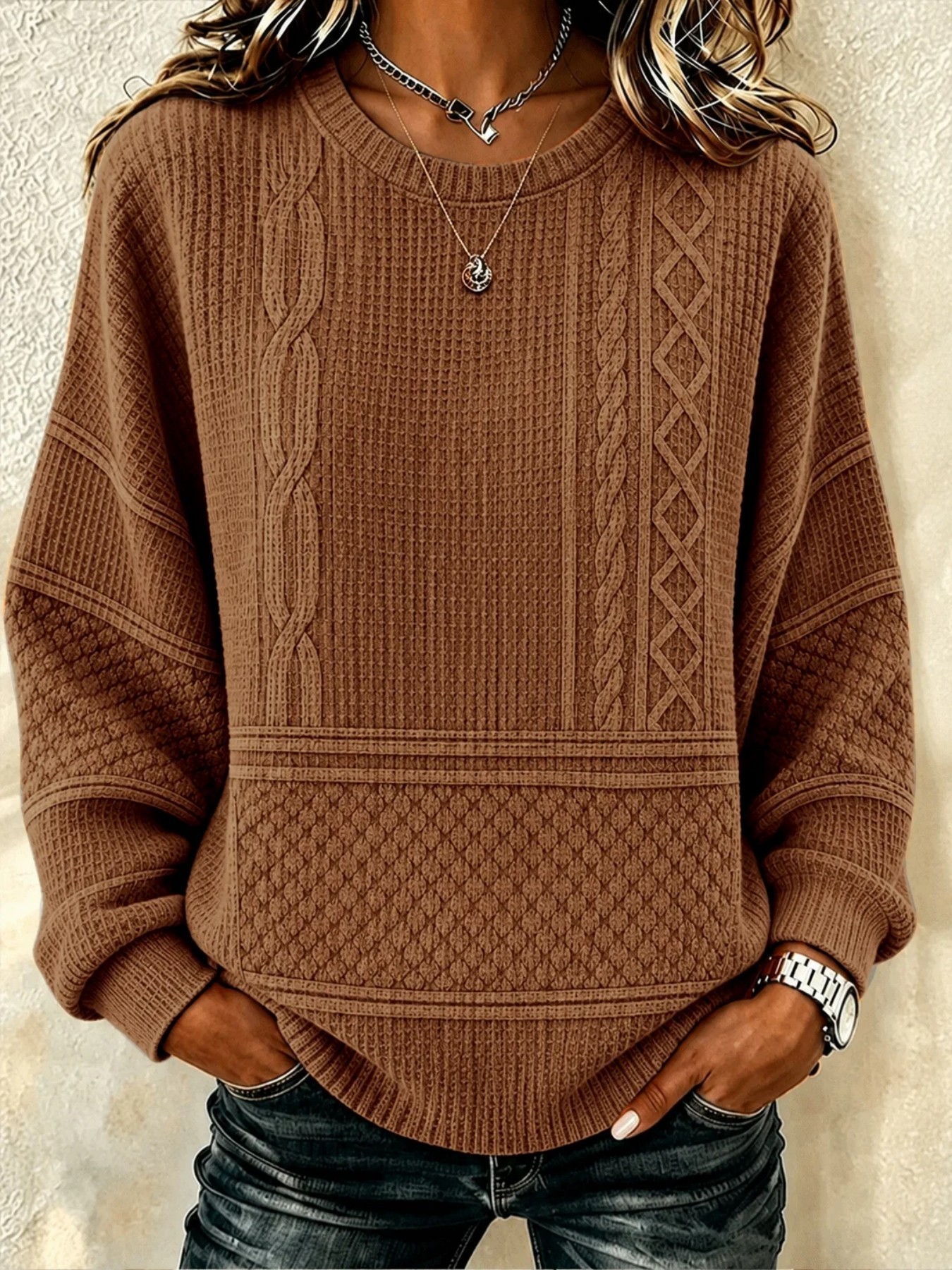 Women's Casual Solid Striped Print Crewneck Long-Sleeve Sweatshirt