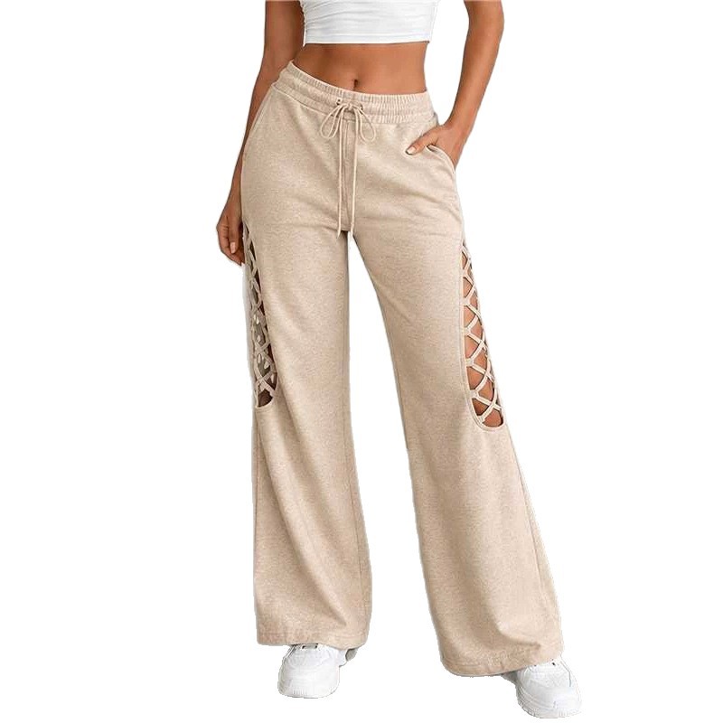 Women's Elastic Waist Wide-Leg Pants with Cutout Splicing, Loose Casual Vacation Trousers
