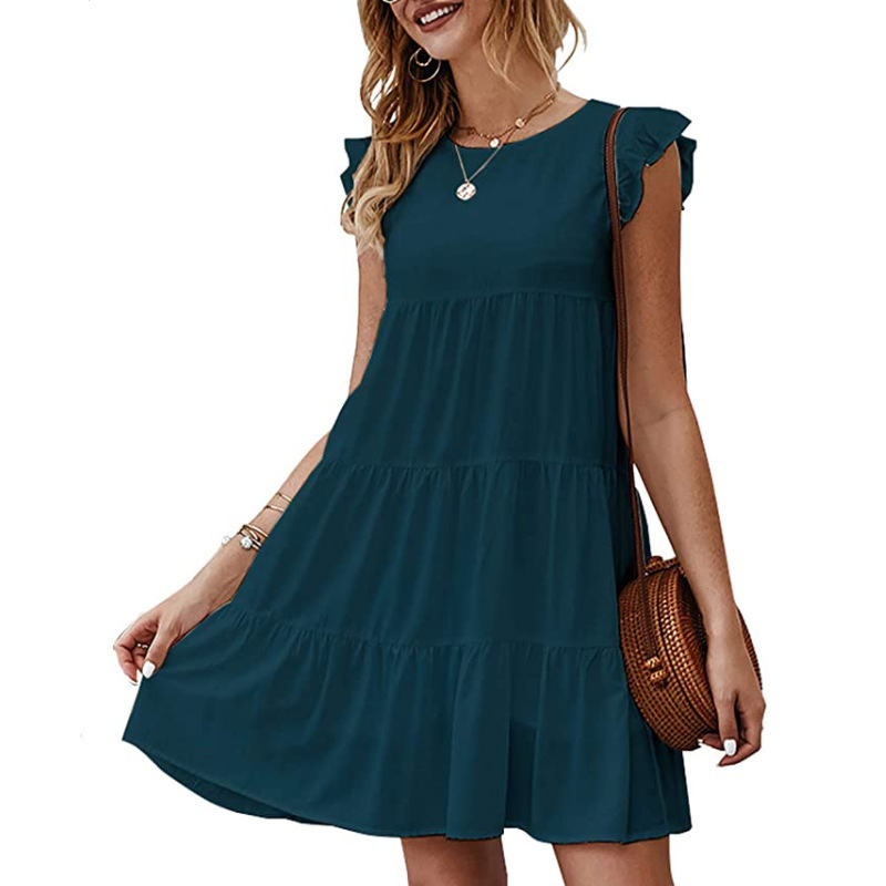 Women's Solid Crewneck Short Sleeve Tiered Ruffle Midi Dress