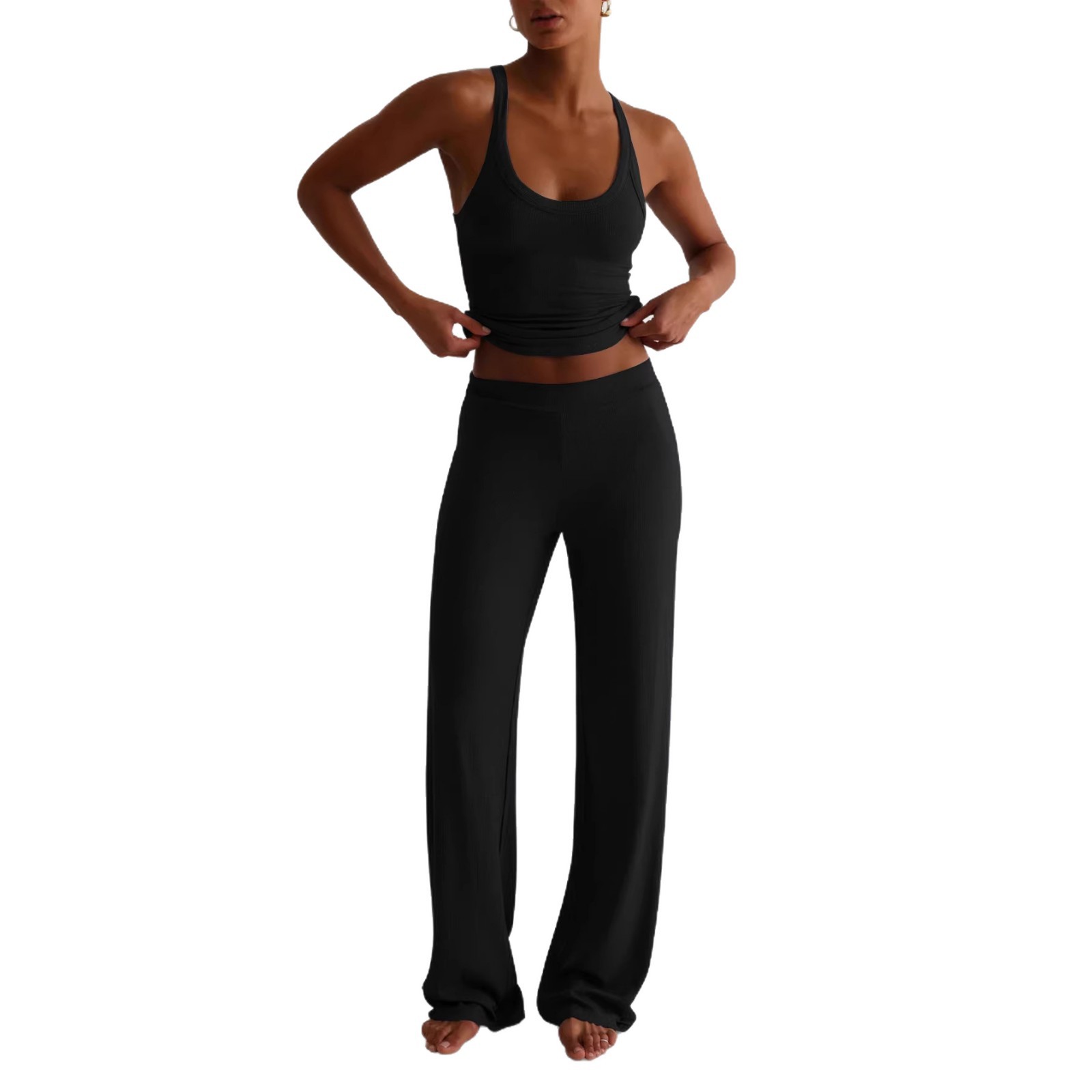 Women's Sleeveless Tank Top & Wide-Leg Pants Set Solid Color Casual