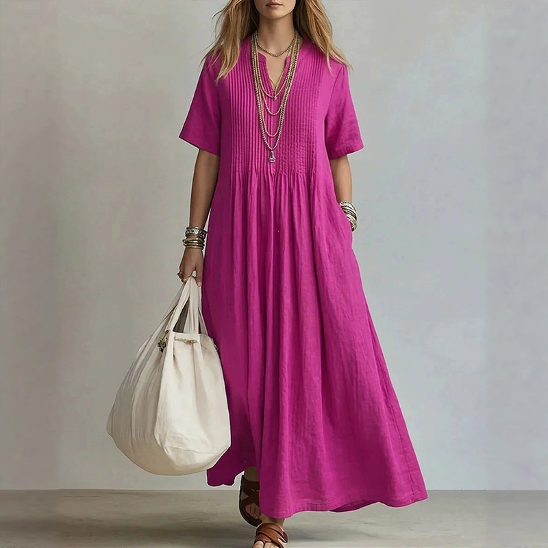 Women's Summer V-Neck Pleated Maxi Dress Casual Vacation Solid Color