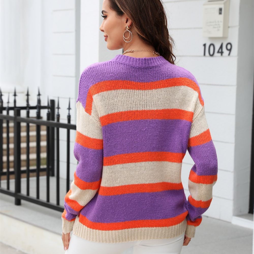 Wide Striped Color-Block Pullover Knit Sweater