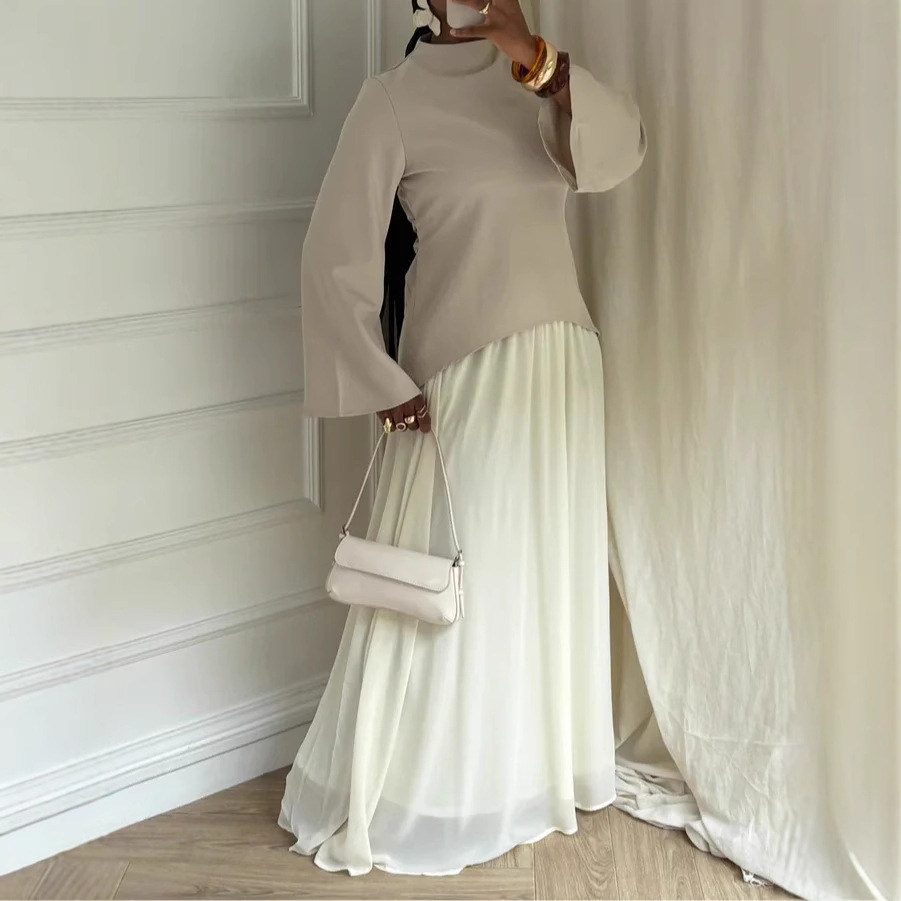 Solid Long-Sleeve Top and Lined Midi Skirt Two-Piece Set