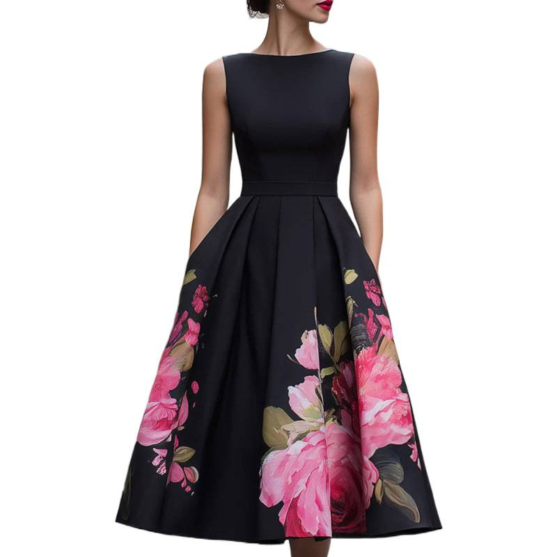 Women's Sleeveless Floral Print A-Line Midi Dress with Cinched Waist