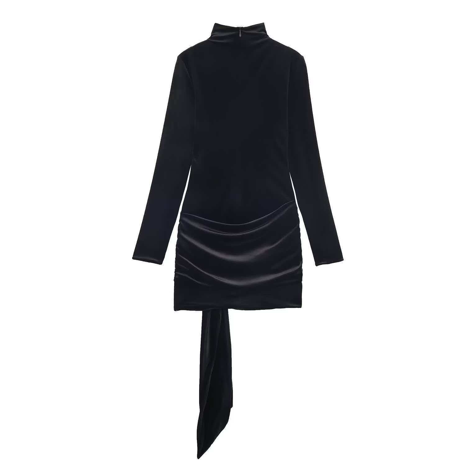Women's Velvet High Neck Bodycon Mini Dress with Belt