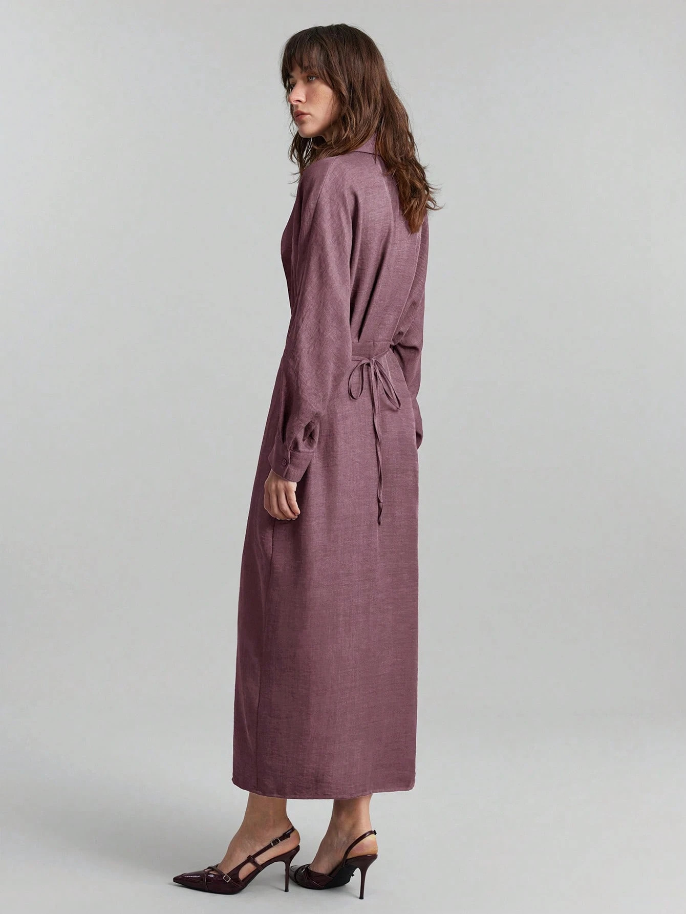 Women's Solid Ruched Waist Slimming Long Sleeve Dress