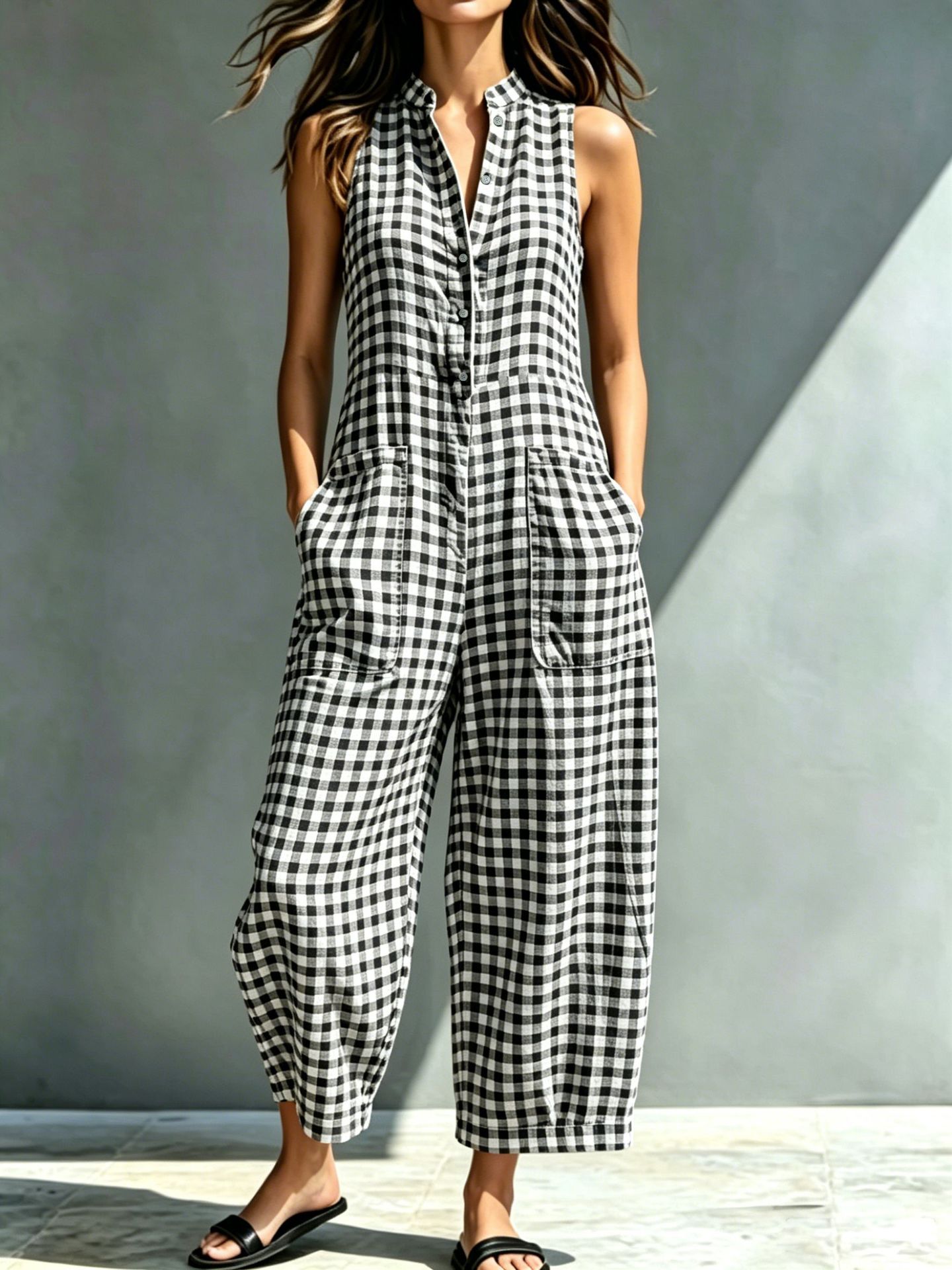 Women's Sleeveless Stand Collar Pocket Jumpsuit