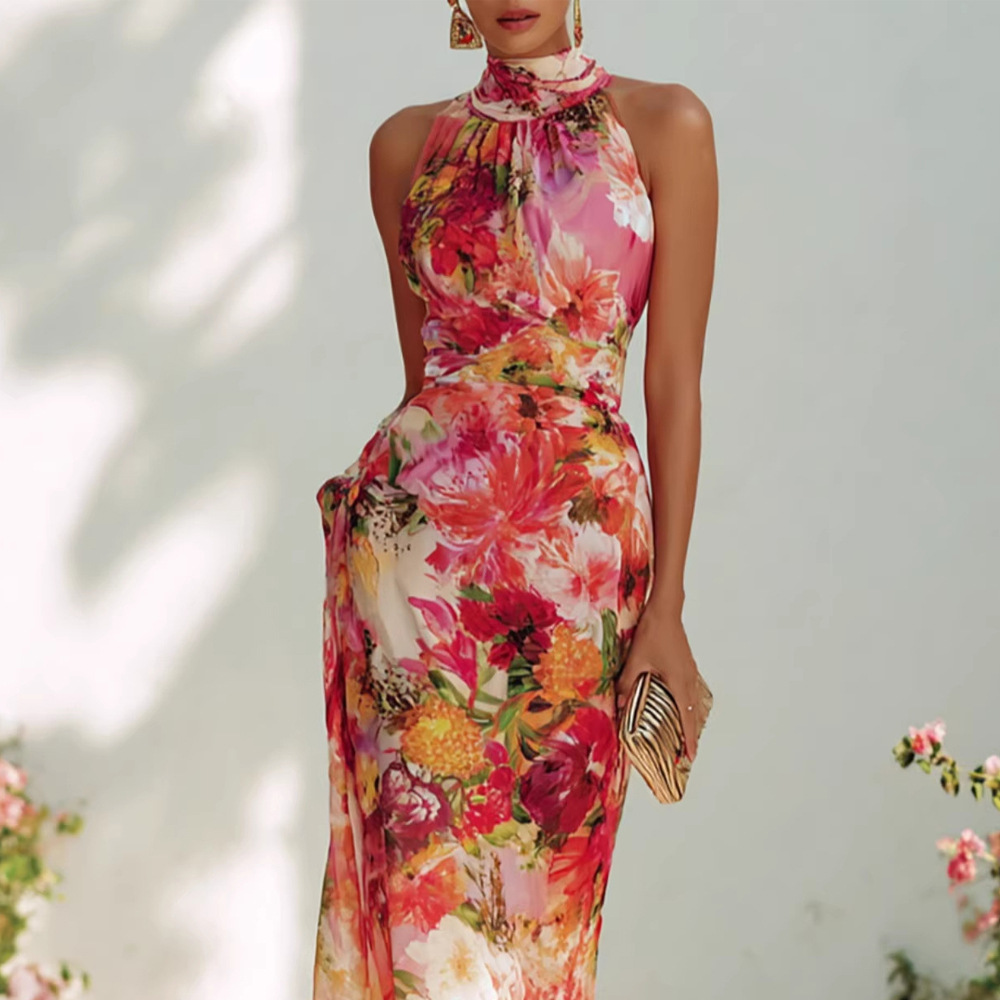Floral Halter Sleeveless Bodycon Midi Dress