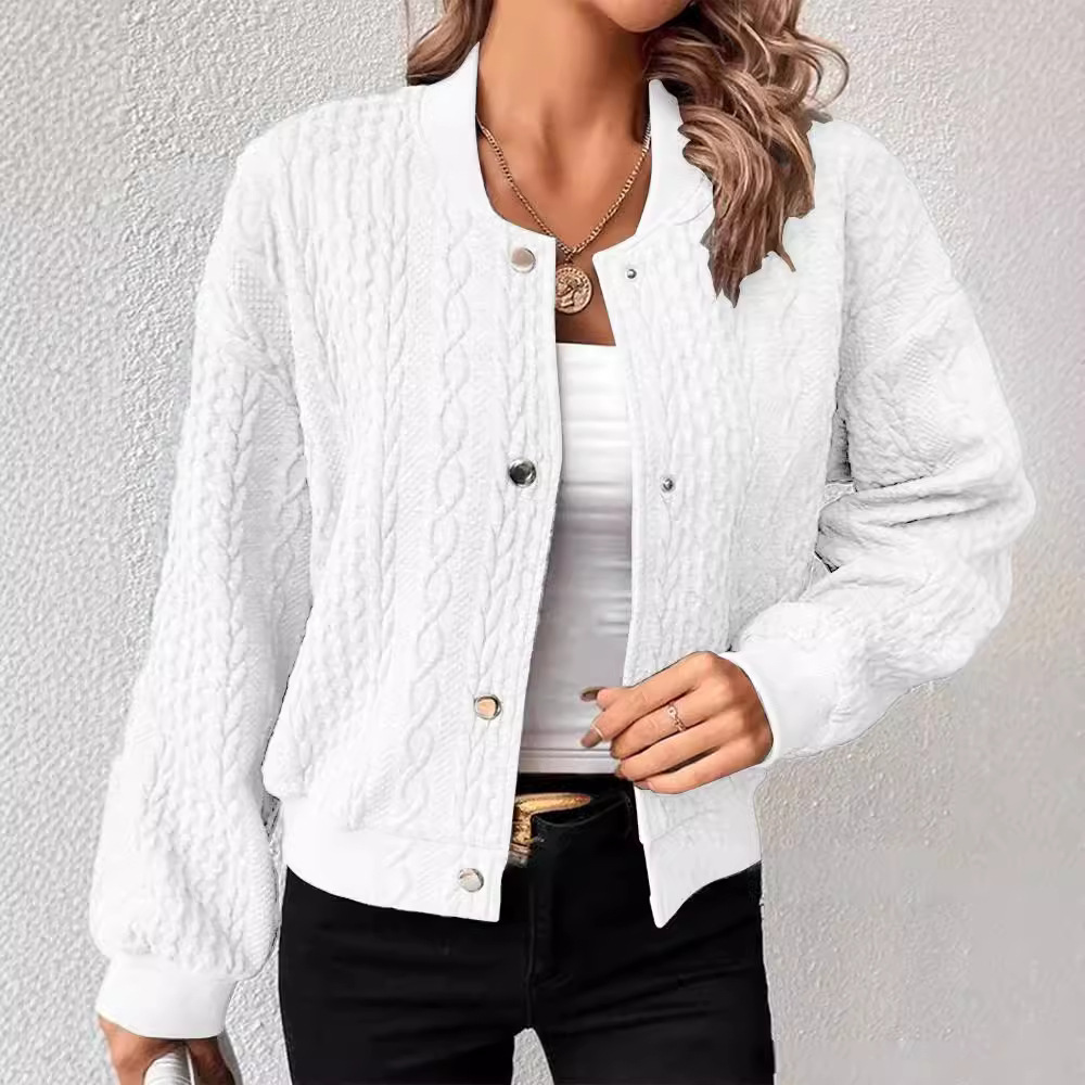 Women's Casual Jacquard Stand Collar Single-Breasted Bomber Jacket