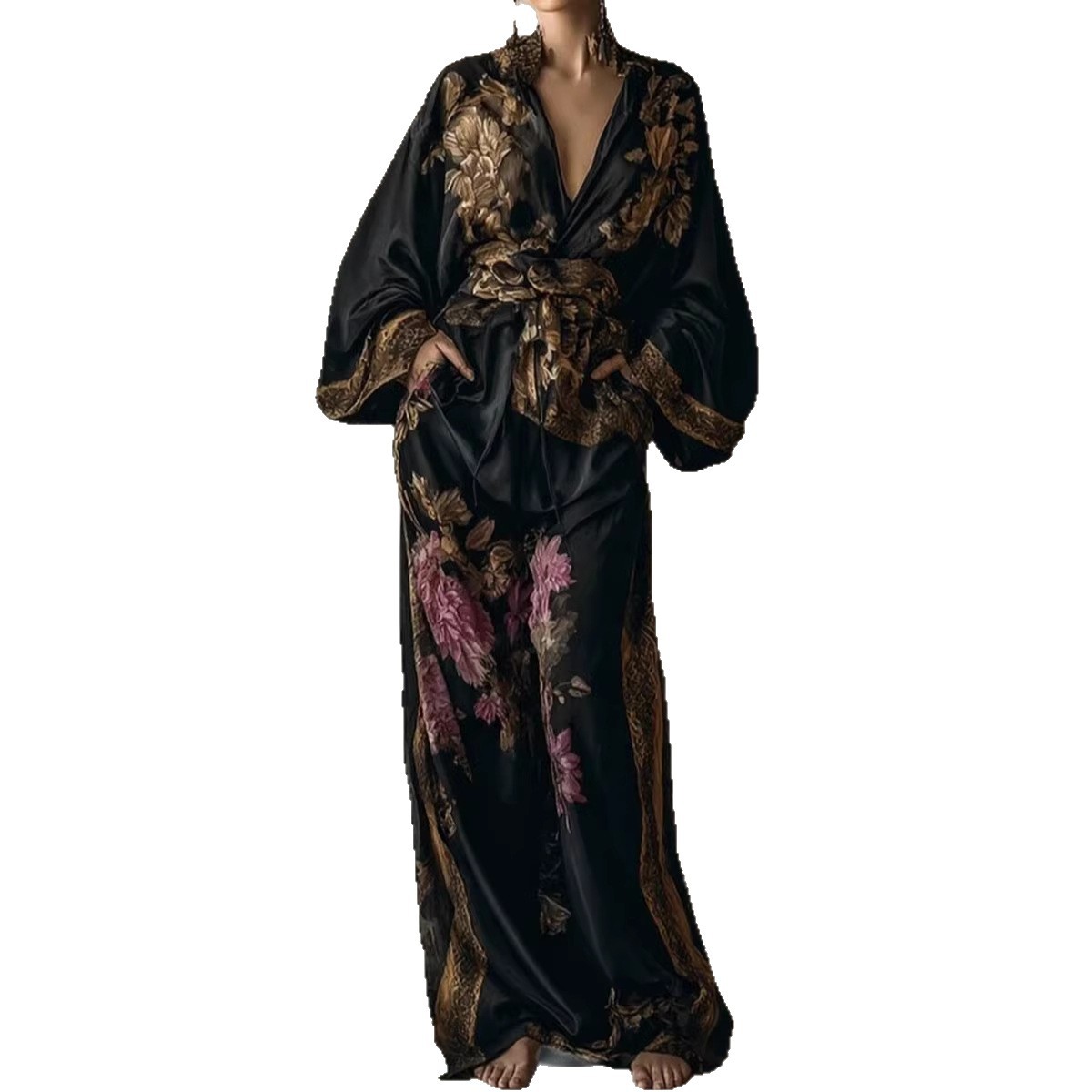 Women's Vintage Floral Print Deep V-Neck Lace-Up Top and Wide-Leg Pants Two-Piece Set